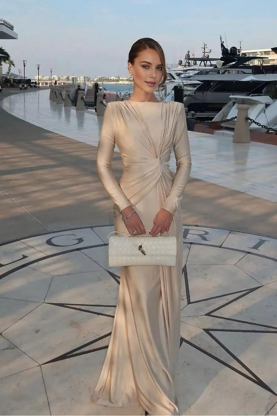 Chic Mermaid Boat Collar Long Sleeves Knot With Pleated Charming Evening Gowns Fashion Long Prom Dress