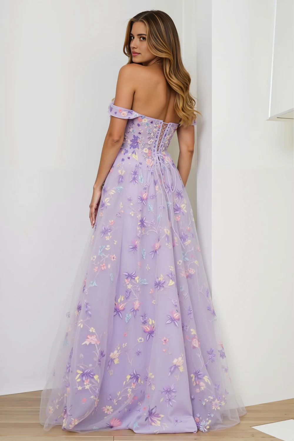 Fantastic Formal Women's Dresses Lilac A Line Off Shoulder Sweetheart Neckline Sleeveless Floral with Slit Backless Discount Long Prom Dress