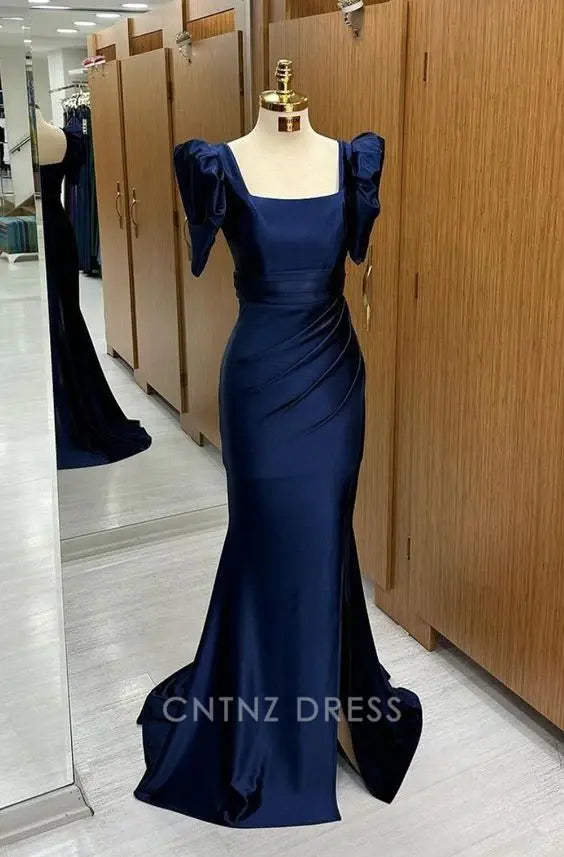 Wholesa Mermaid Bubble Sleeves Square Blue Long formal dresses Bridesmaid Dresses evening gown Prom Dress With Slit