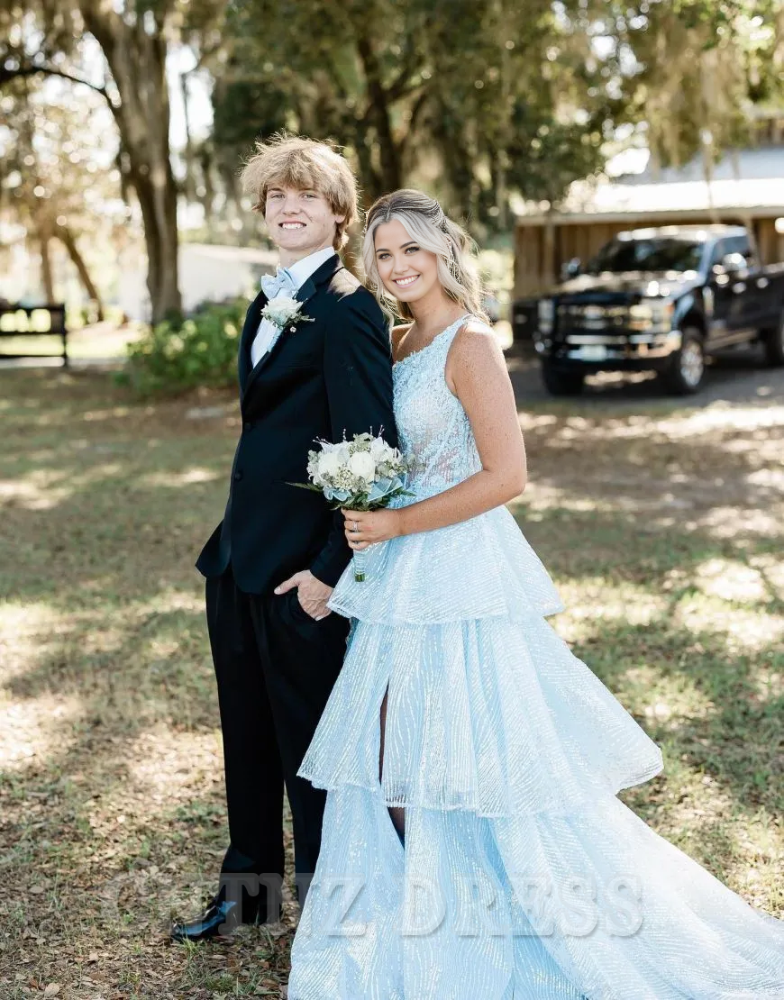 Wholesa A-Line One Shoulder Layered formal dresses evening gown Prom Dress With Split