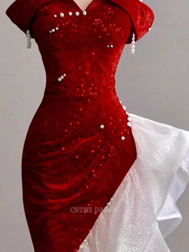 Wholesa Sheath Off The Shoulder Sequin Red formal dresses Bridesmaid Dresses evening gown Prom Dress