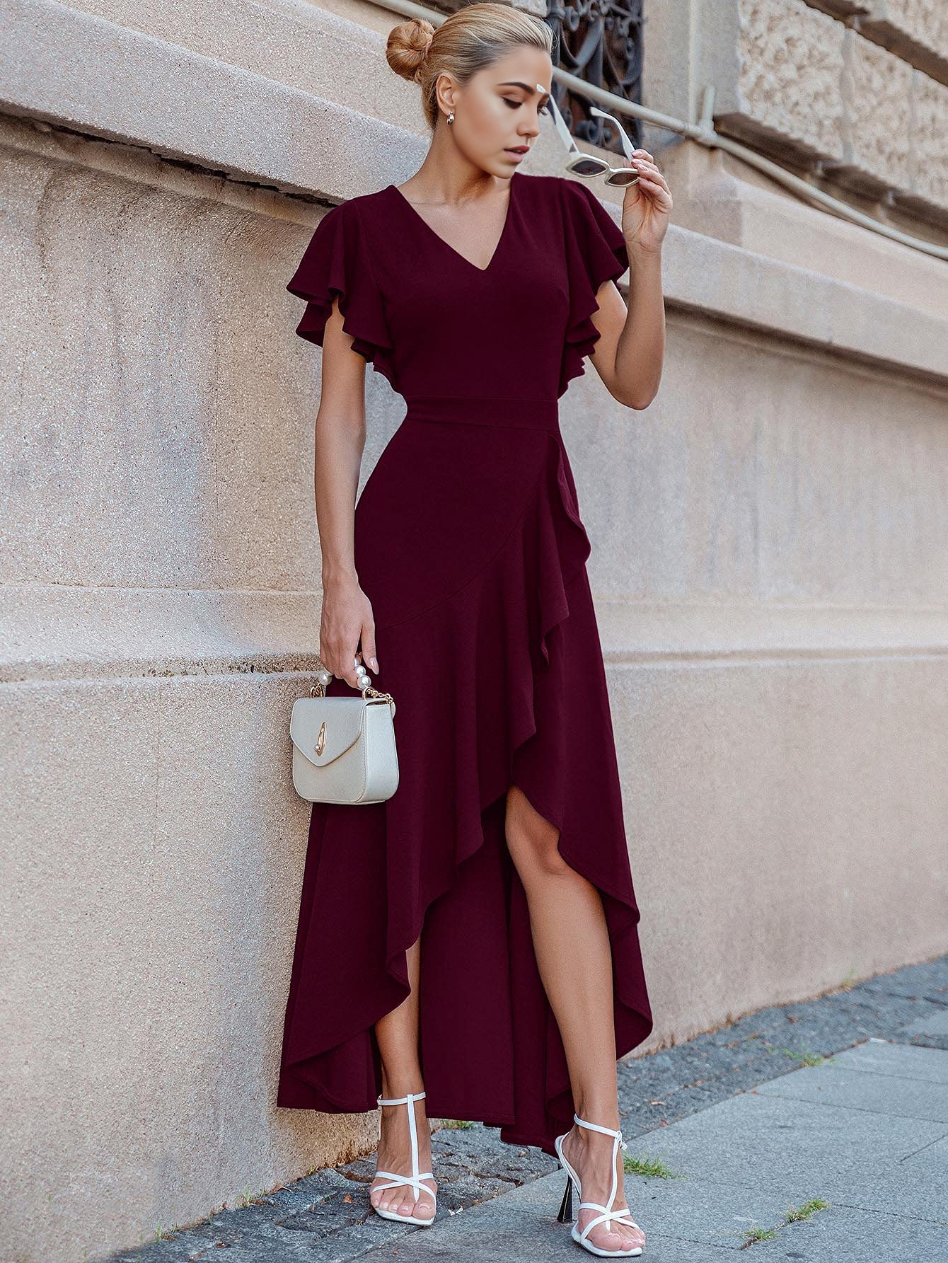 Wholesa A-line V Neck Ruffle Split formal dresses Bridesmaid Dresses evening gown Prom Dress