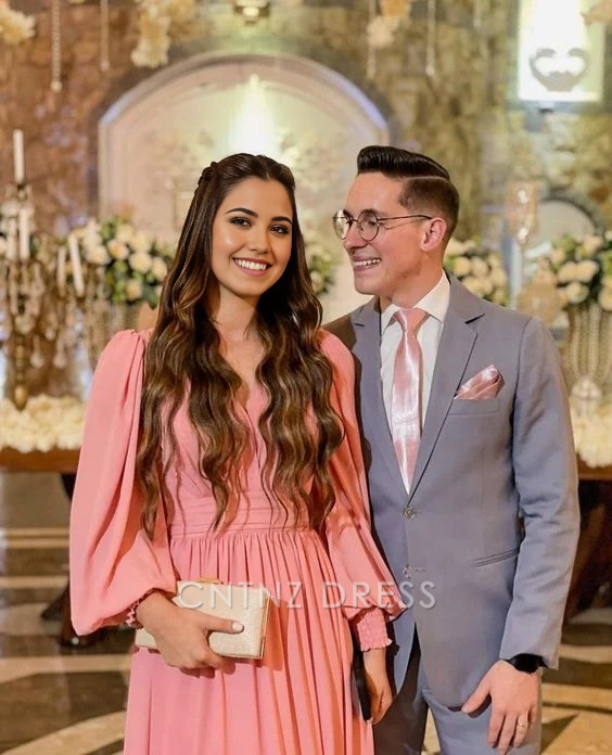 Wholesa A Line V Neck Long Sleeve formal dresses Bridesmaid Dresses evening gown Prom Dress