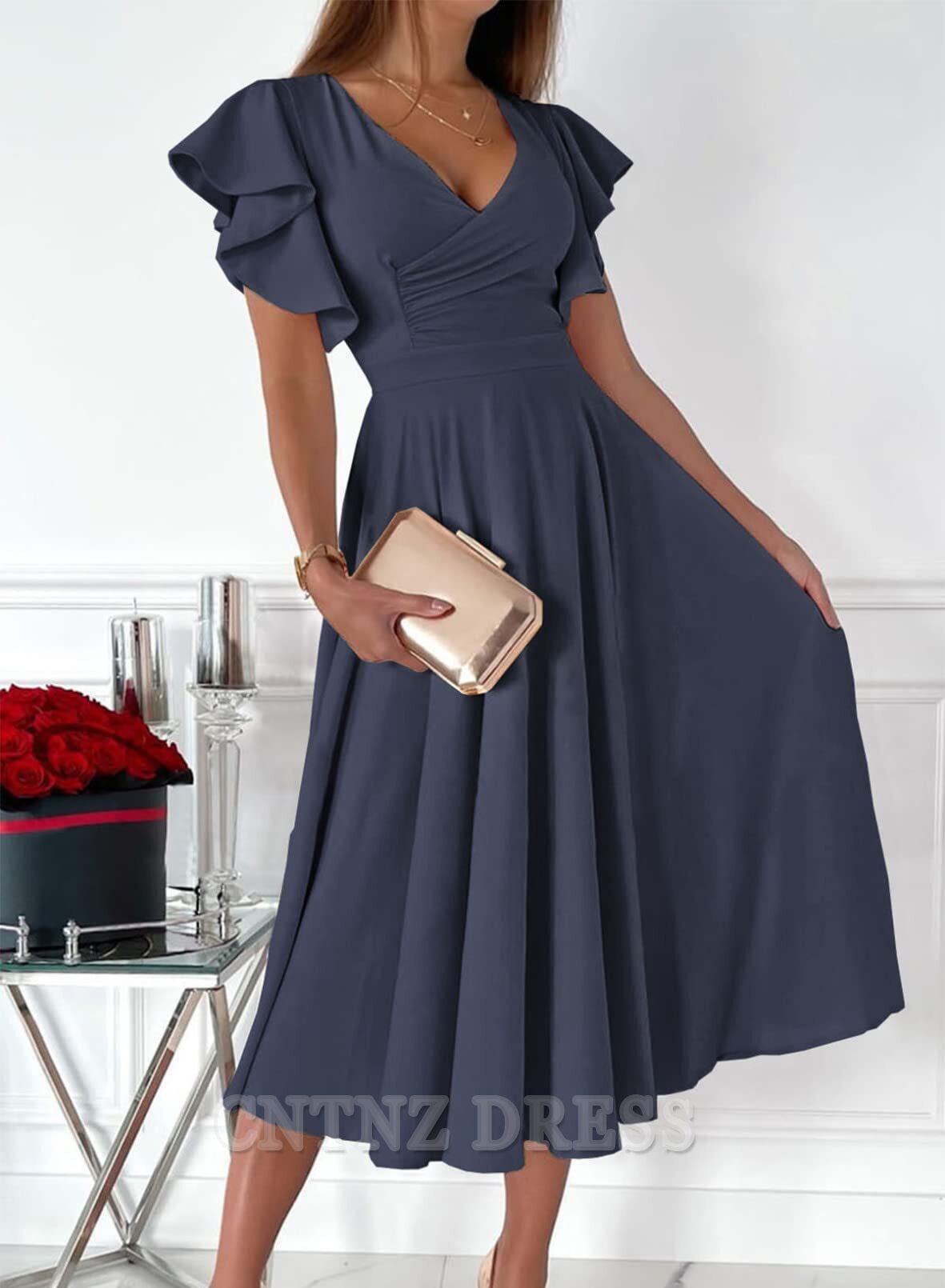 Wholesa Elegant V Neck Short Sleeve formal dresses Bridesmaid Dresses evening gown Prom Dress