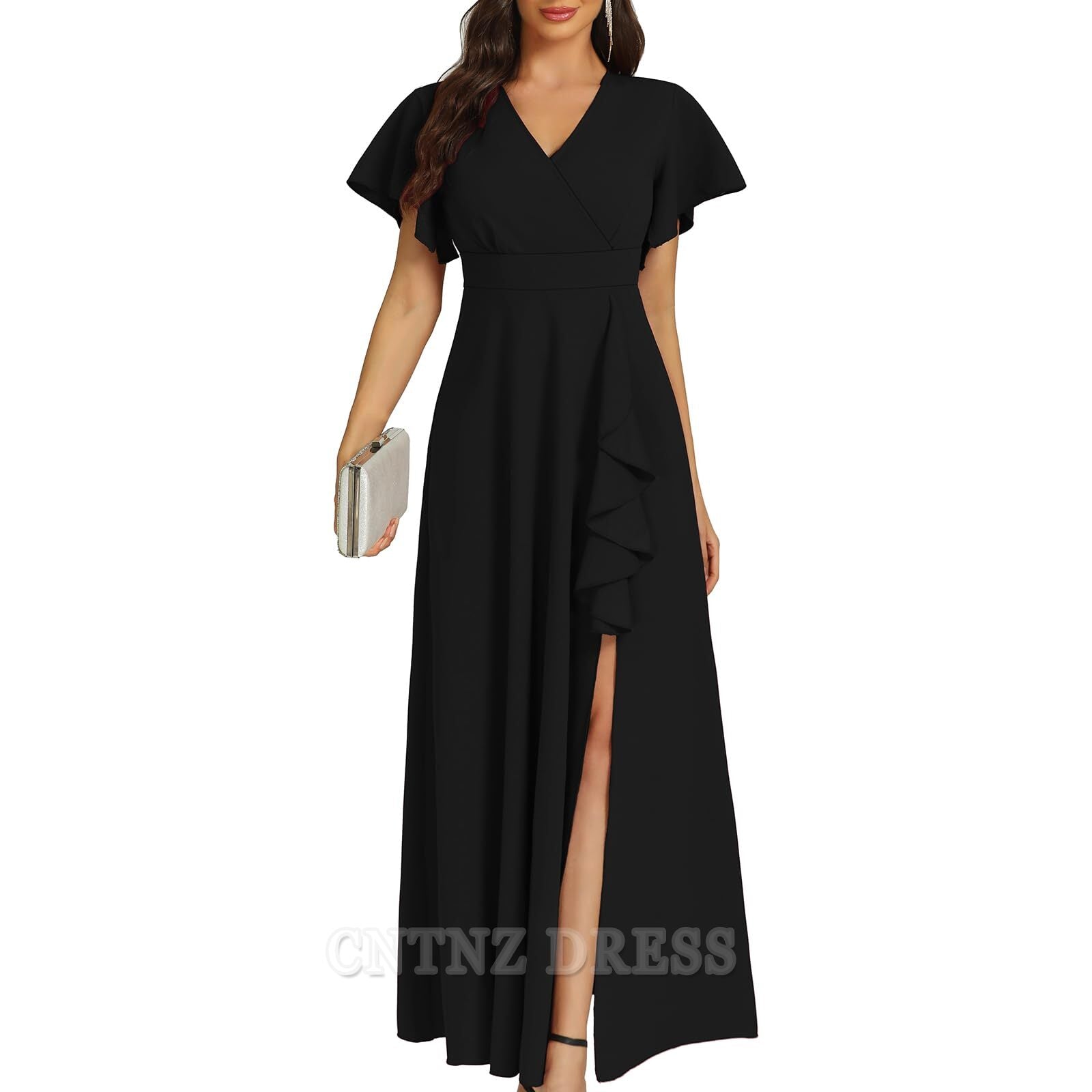 Wholesa A-line Elegant V Neck Ruffle Split formal dresses Bridesmaid Dresses evening gown Prom Dress