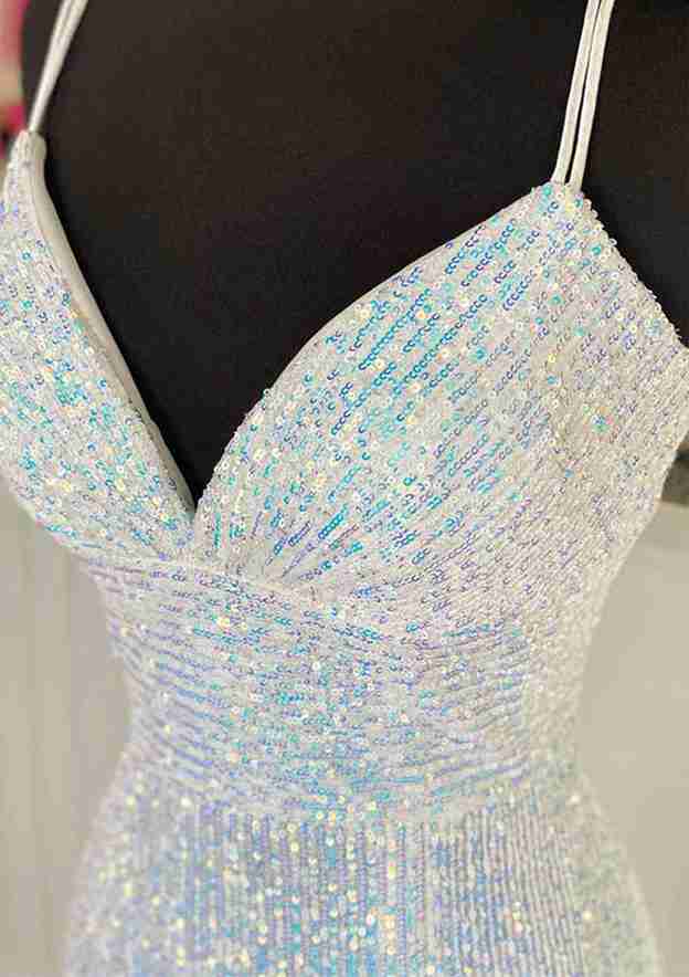 Wholesa Sheath V-Neck Spaghetti Straps Sweep Floor-Length Long Prom Dresses