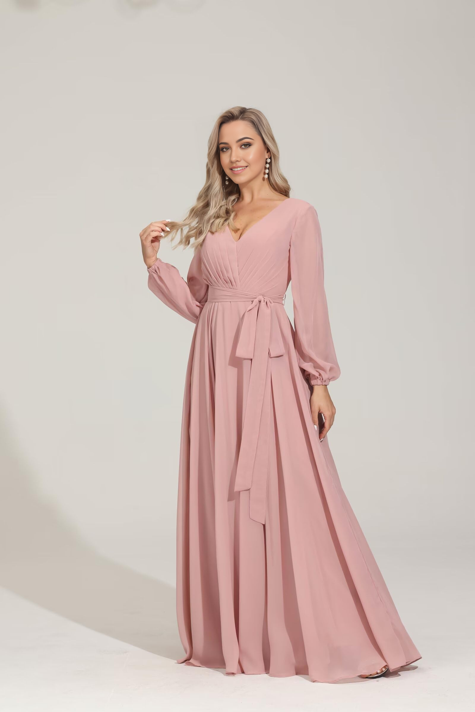 Wholesa A-line V Neckes Long Sleeve Chiffon formal dresses Bridesmaid Dresses evening gown Prom Dress