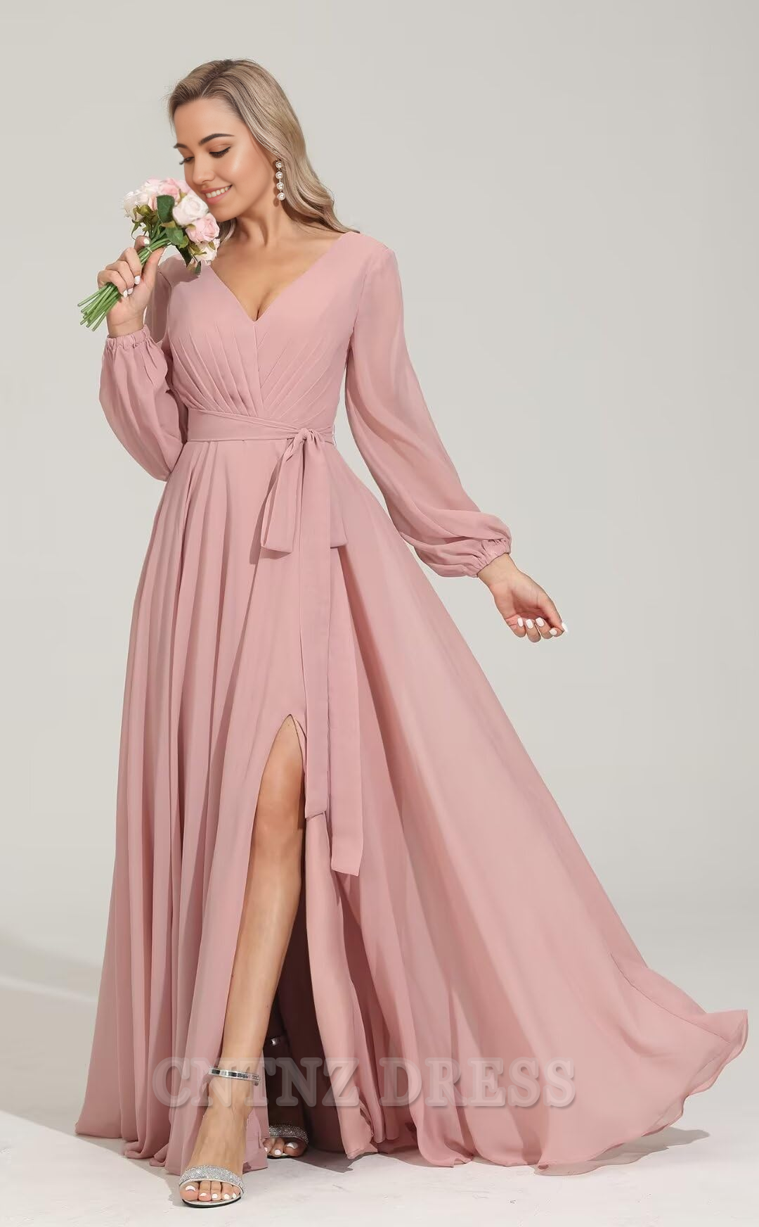 Wholesa A-line V Neckes Long Sleeve Chiffon formal dresses Bridesmaid Dresses evening gown Prom Dress