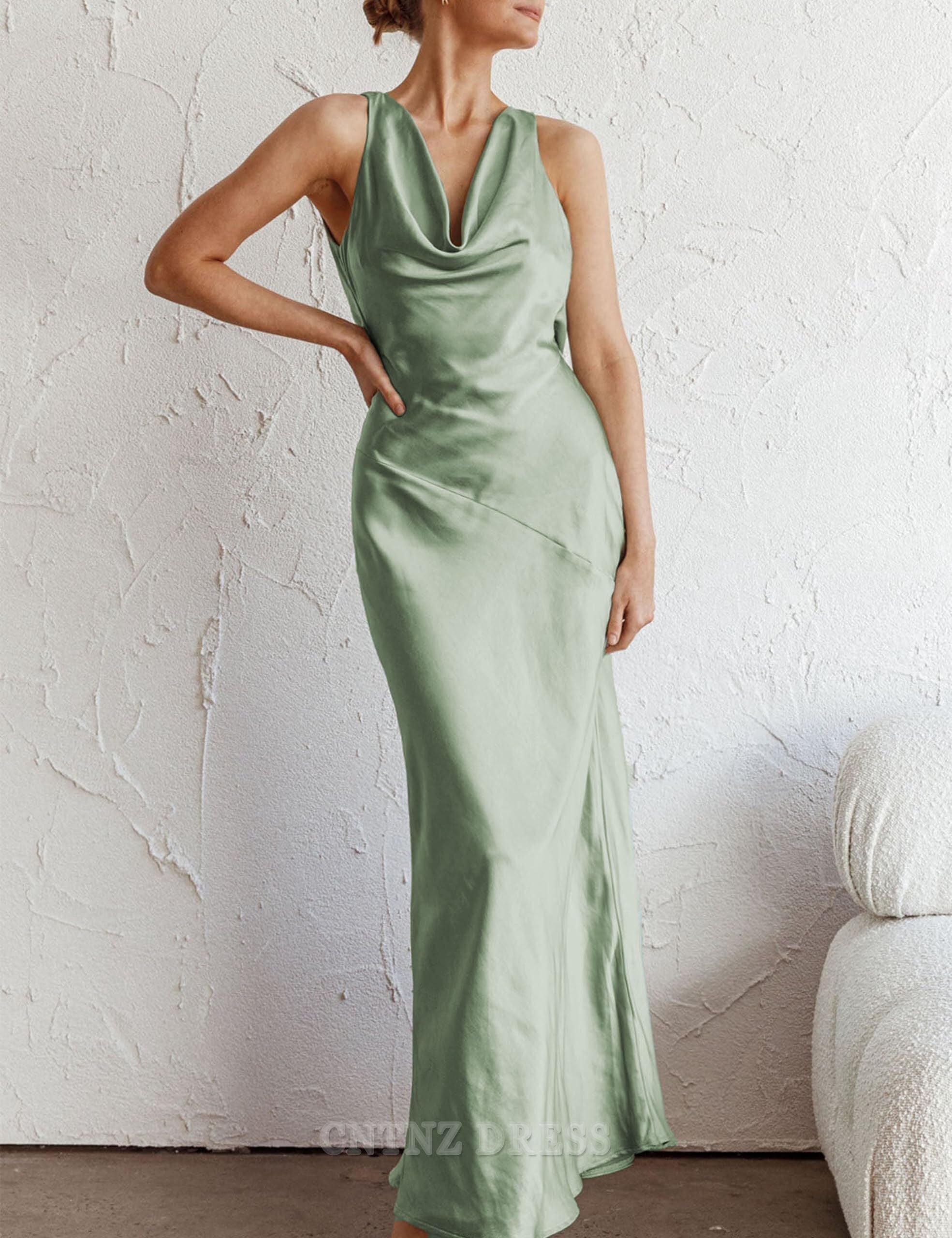 Wholesa Sheath Cowl Neck Sleeveless Backless Open Back Satin formal dresses Bridesmaid Dresses evening gown Prom Dress