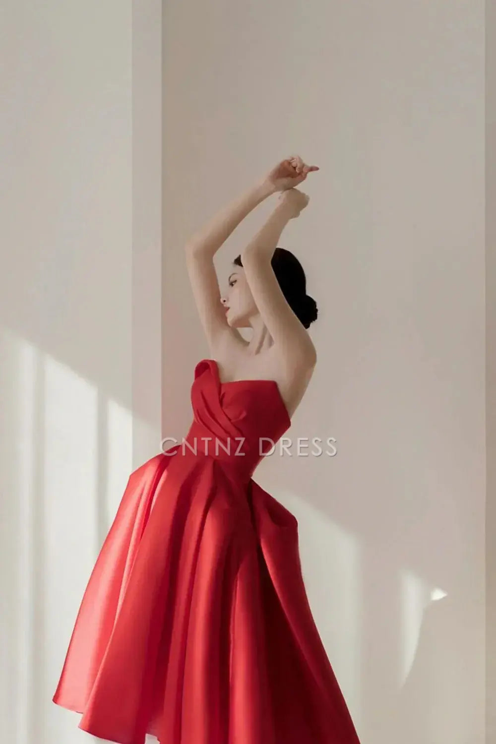 CNTNZ DRESS Elegant Red A-line Strapless V Neck With Pleat Fashion Cocktail Dress Short Homecoming Dress