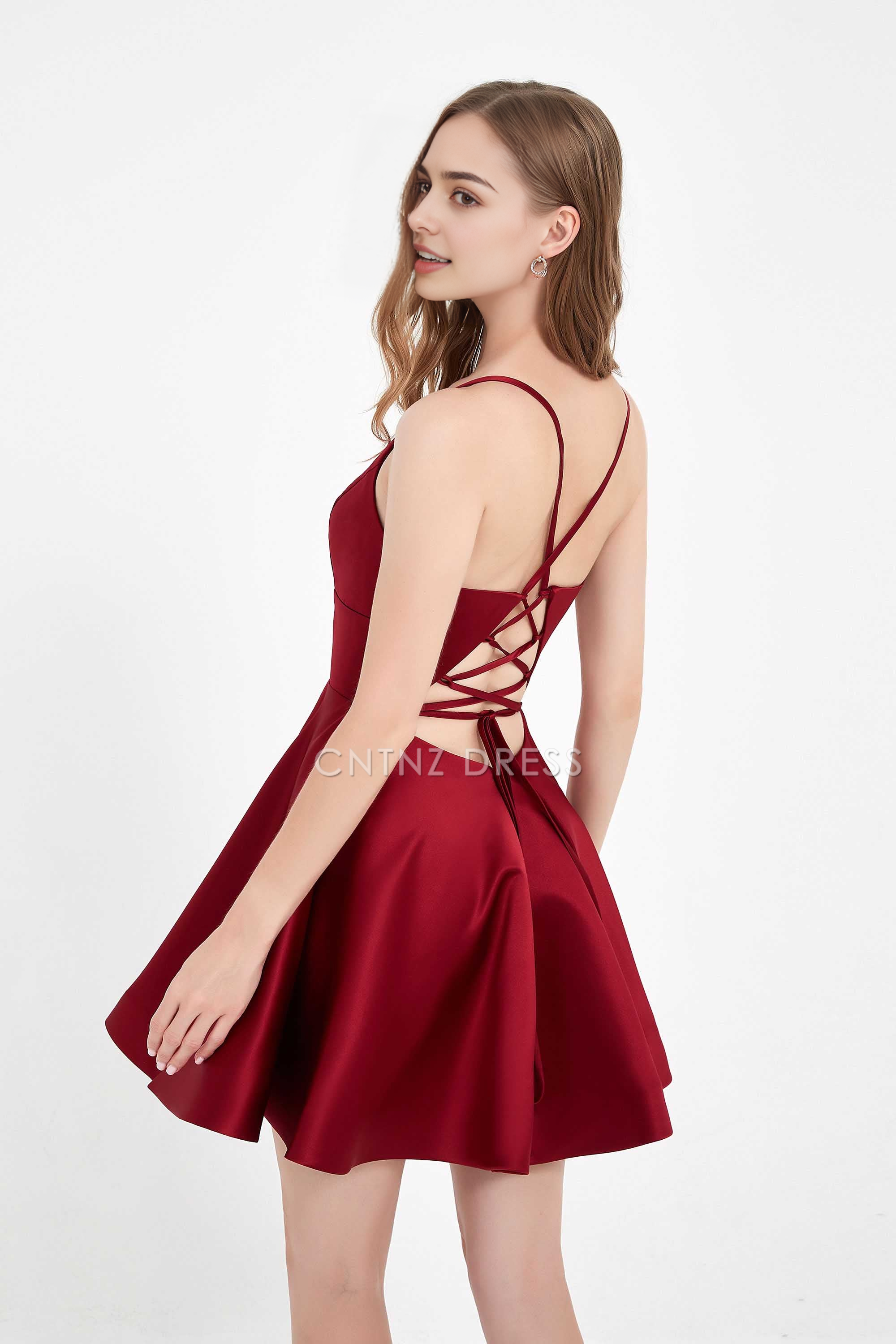 CNTNZ DRESS Fashion A Line V Neck Spaghetti Straps Backless Elegant Simple Mini Dresses Hot Sale Homecoming Dress