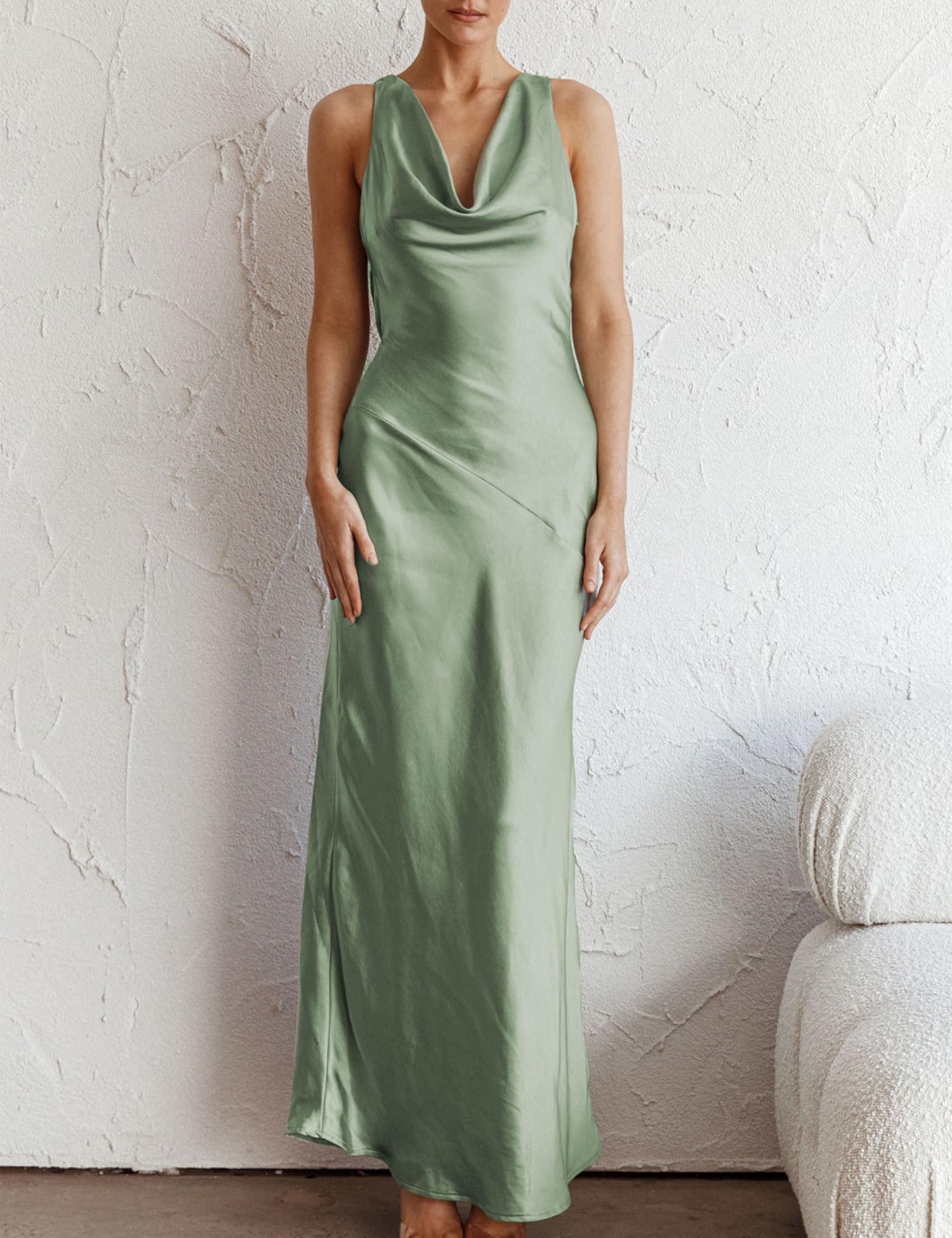 Wholesa Sheath Cowl Neck Sleeveless Backless Open Back Satin formal dresses Bridesmaid Dresses evening gown Prom Dress