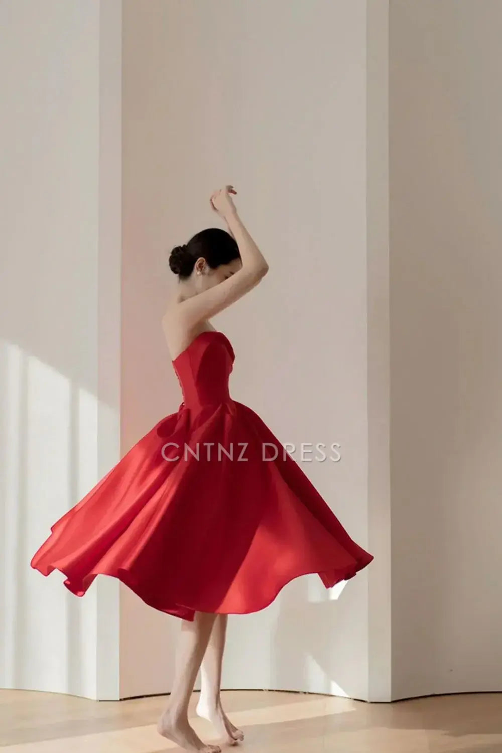 CNTNZ DRESS Elegant Red A-line Strapless V Neck With Pleat Fashion Cocktail Dress Short Homecoming Dress