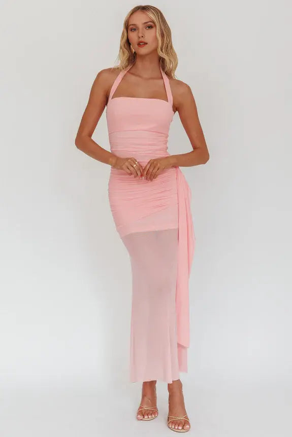 Charming Mermaid Halter neck Side Sash Sheer hem Pleated Backless Pink Long Wedding Guest Dress Hot Sale Prom Dress