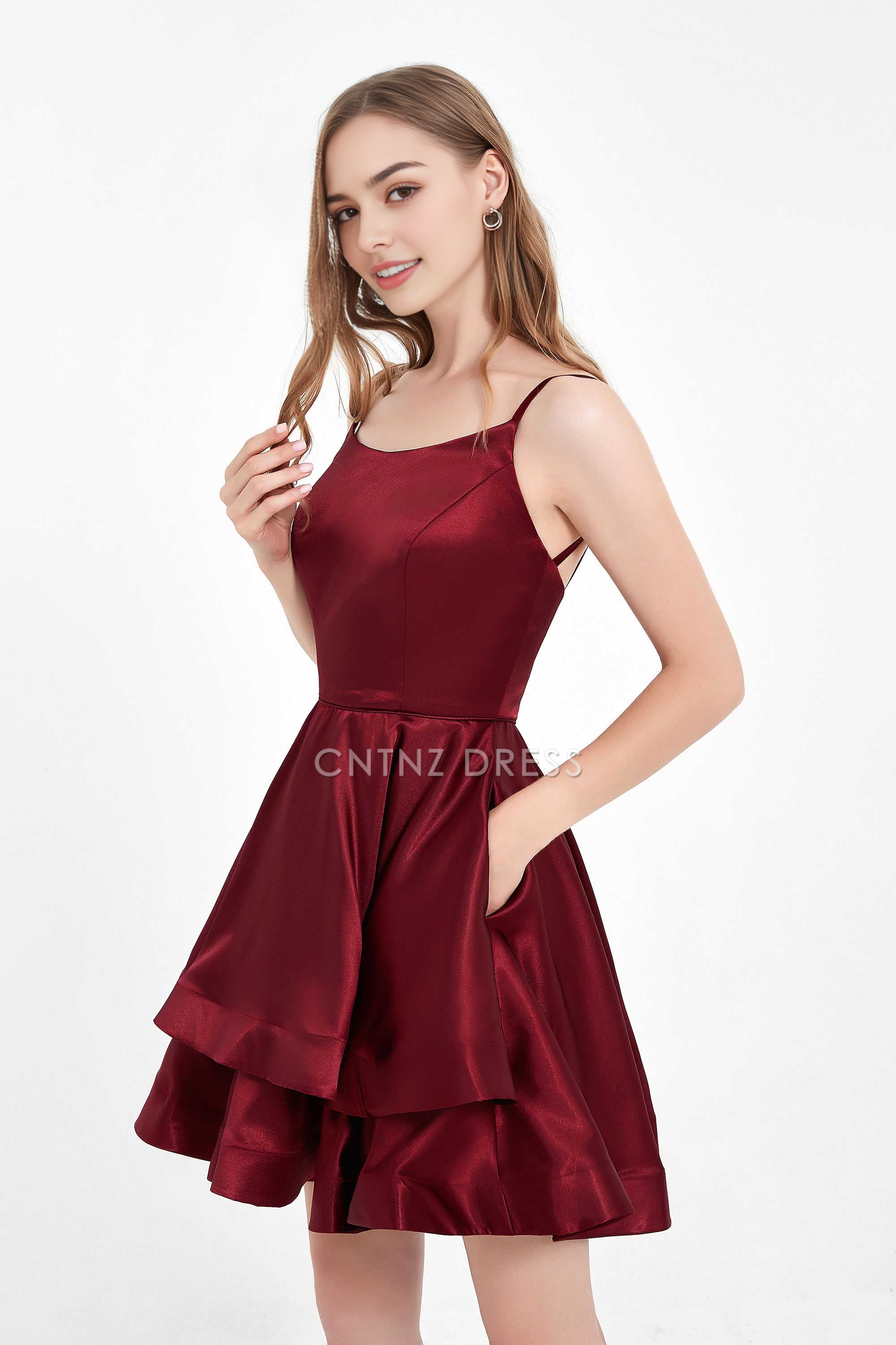 CNTNZ DRESS Fashion A Line Round Neck Spaghetti Straps Backless Double-Layer Ruched Simple Dress Hot Sale Homecoming Dress