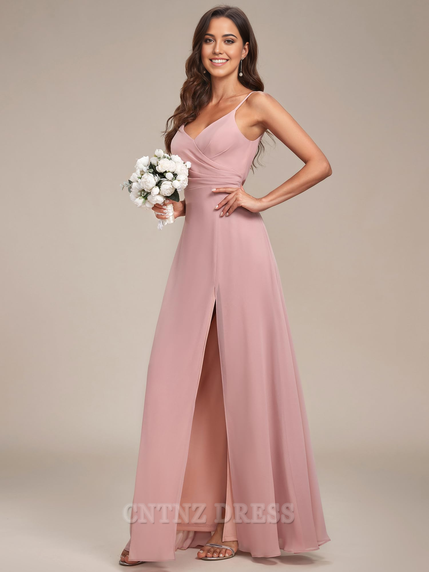 Wholesa A-line V Neck Spaghetti Strap Chiffon Split formal dresses Bridesmaid Dresses evening gown Prom Dress