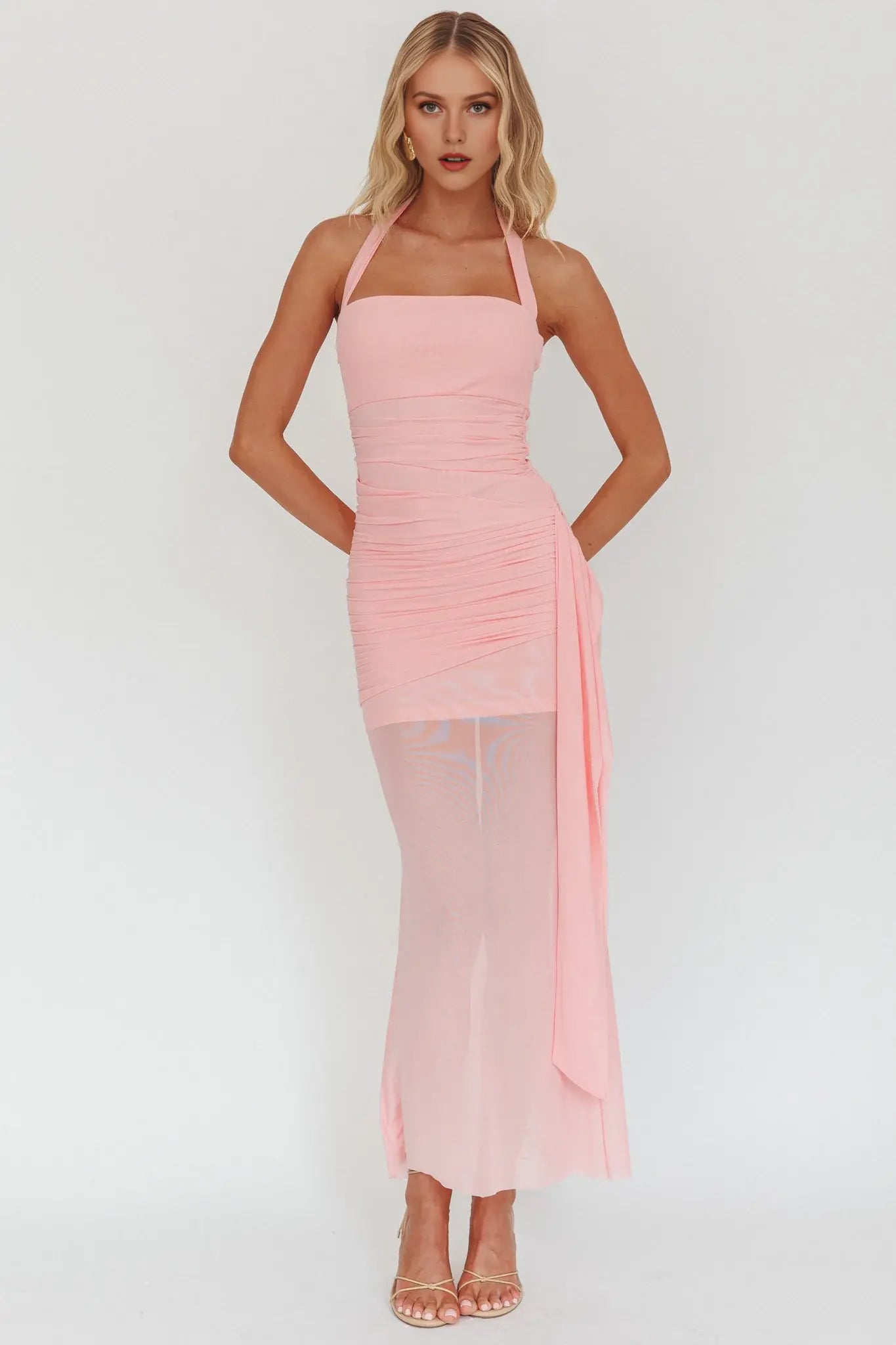 Charming Mermaid Halter neck Side Sash Sheer hem Pleated Backless Pink Long Wedding Guest Dress Hot Sale Prom Dress