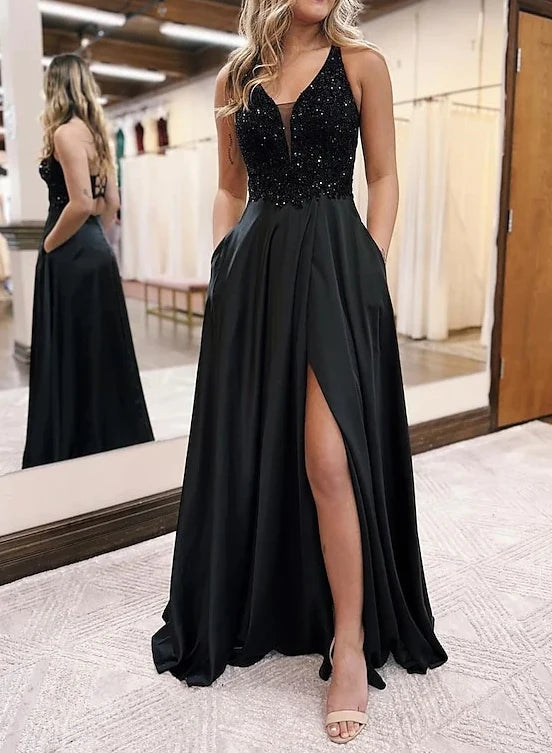 Wholesa A-Line V-Neck Floor-Length Prom Dresses