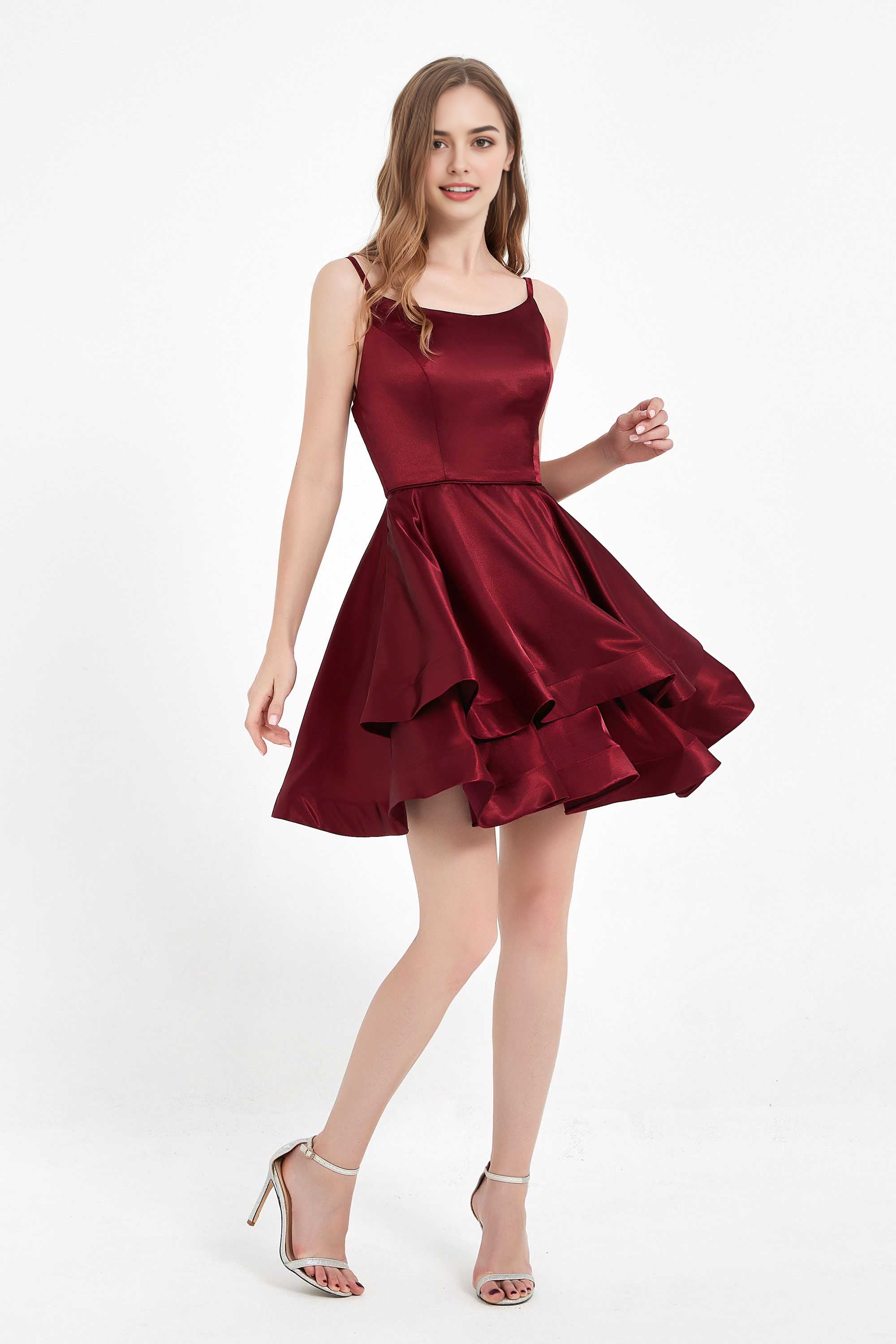 CNTNZ DRESS Fashion A Line Round Neck Spaghetti Straps Backless Double-Layer Ruched Simple Dress Hot Sale Homecoming Dress