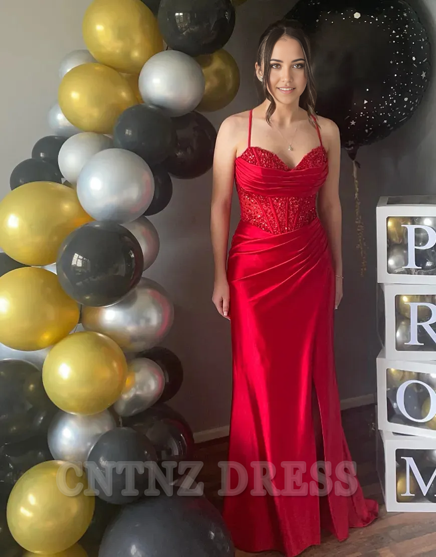 Mermaid Sparkly Spaghetti Straps Corset Sequined Satin Long formal dresses evening gown Prom Dress with Slit