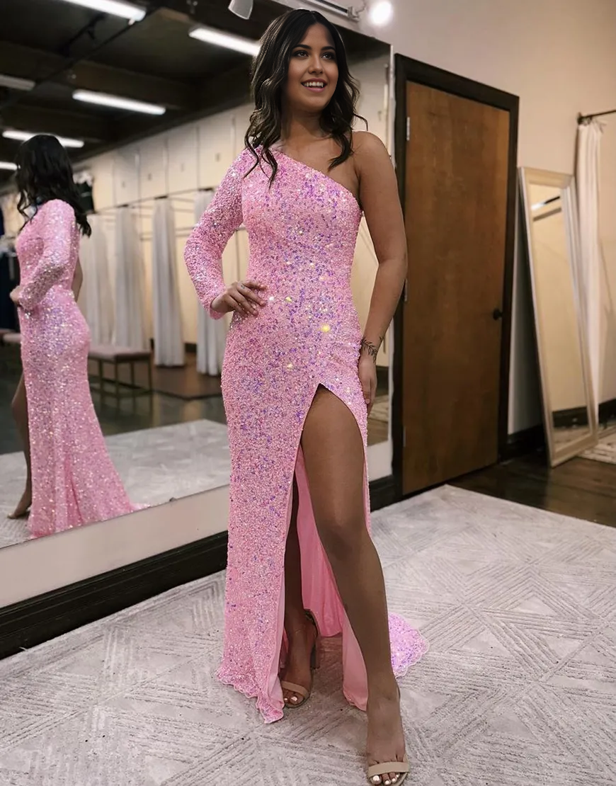 Wholesa Sheath Sparkly One-Shoulder Long Sleeve Sequins formal dresses Bridesmaid Dresses evening gown Prom Dress With Side Slits