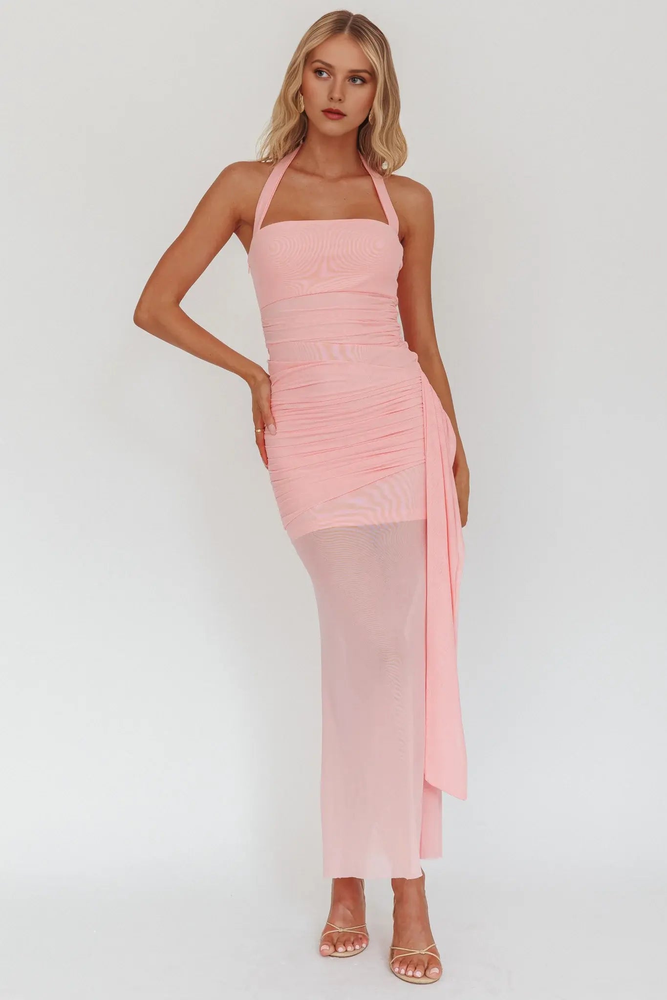 Charming Mermaid Halter neck Side Sash Sheer hem Pleated Backless Pink Long Wedding Guest Dress Hot Sale Prom Dress