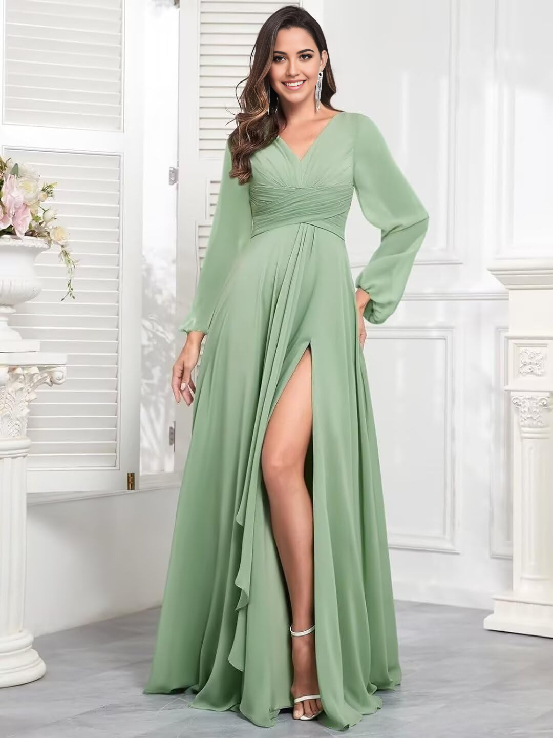 Wholesa A-line V Neck Chiffon Sleeves Long Ruffle Formal formal dresses Bridesmaid Dresses evening gown Prom Dress