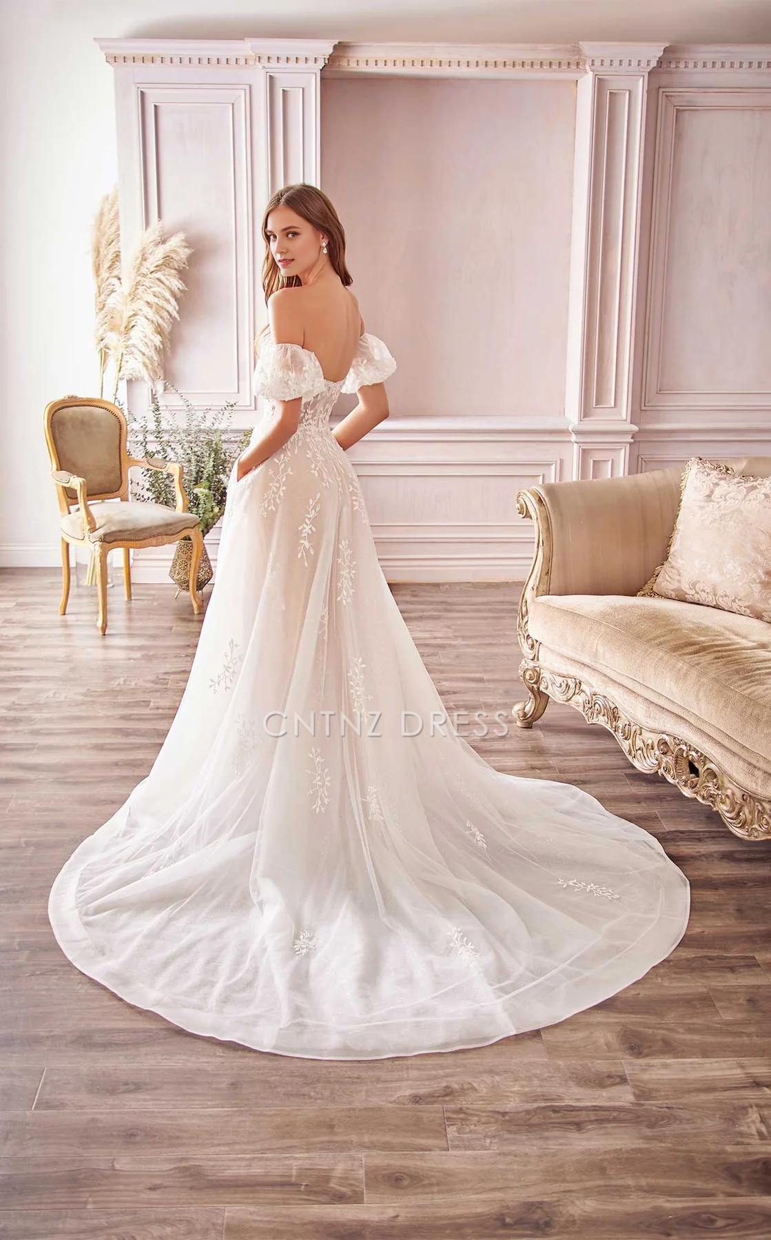 CNTNZ DRESS Elegant A Line Off Shoulde Sweetheart Neckline Short Sleeves Backless Exquisite Lace Hot Sale Wedding Dress
