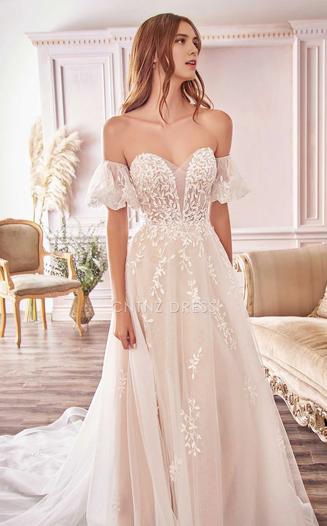 CNTNZ DRESS Elegant A Line Off Shoulde Sweetheart Neckline Short Sleeves Backless Exquisite Lace Hot Sale Wedding Dress