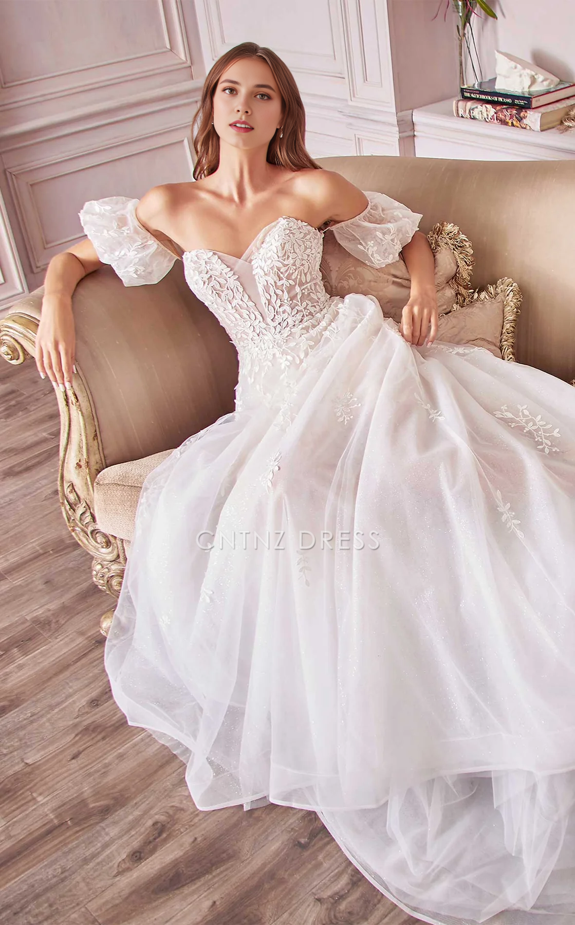 CNTNZ DRESS Elegant A Line Off Shoulde Sweetheart Neckline Short Sleeves Backless Exquisite Lace Hot Sale Wedding Dress