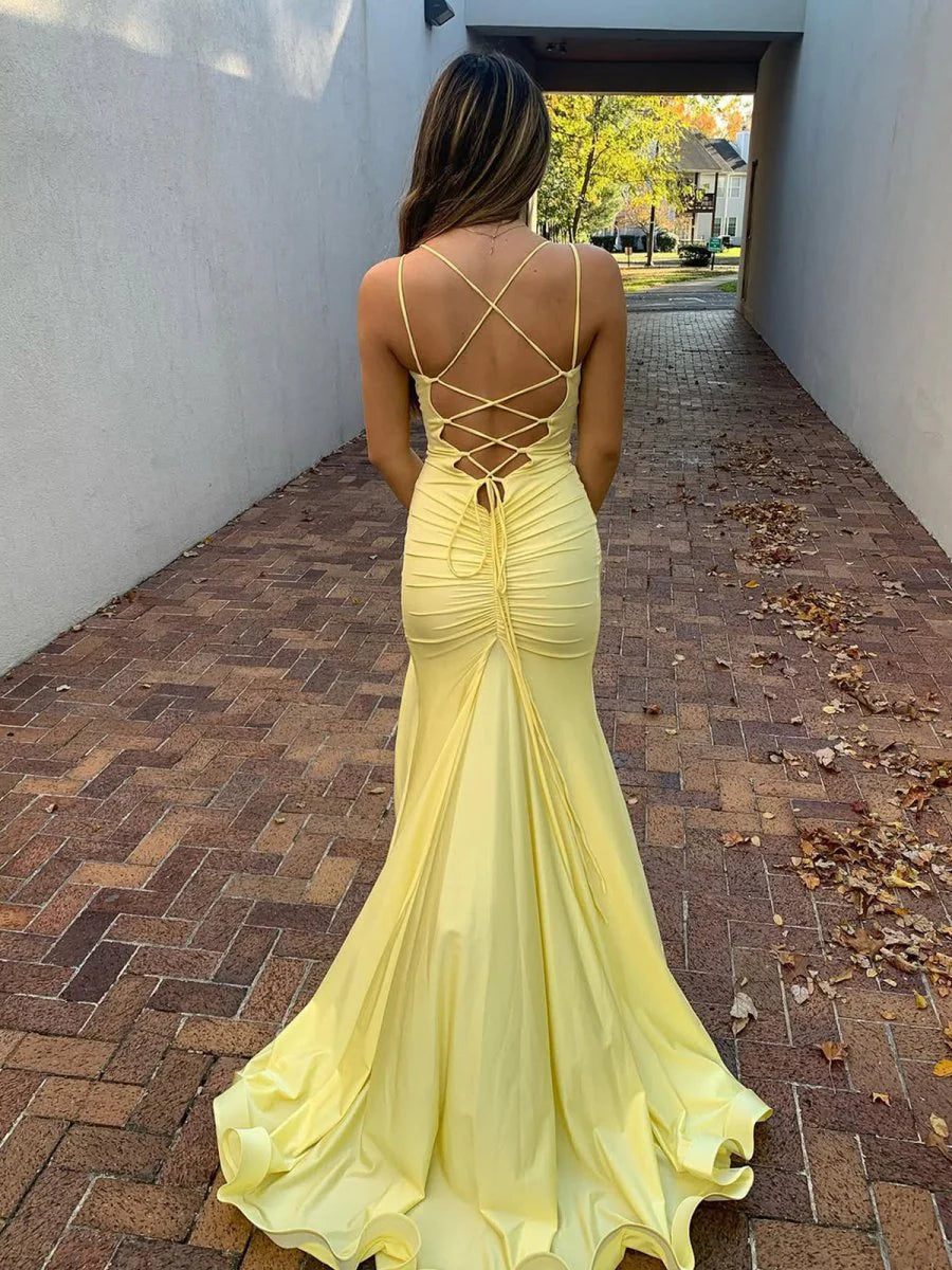 Charming Formal Women's Dresses Yellow Satin Mermaid Spaghetti Strap V Neck Sleeveless Pleated Backless With Split Bargain Long Prom Dress