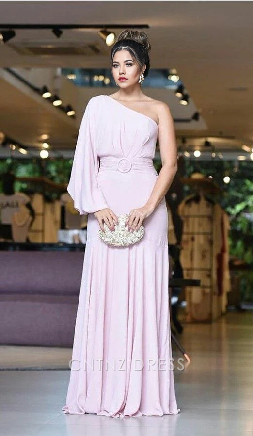 Wholesa A-line Elegant One Sleeve Pink Long formal dresses Bridesmaid Dresses evening gown Prom Dress