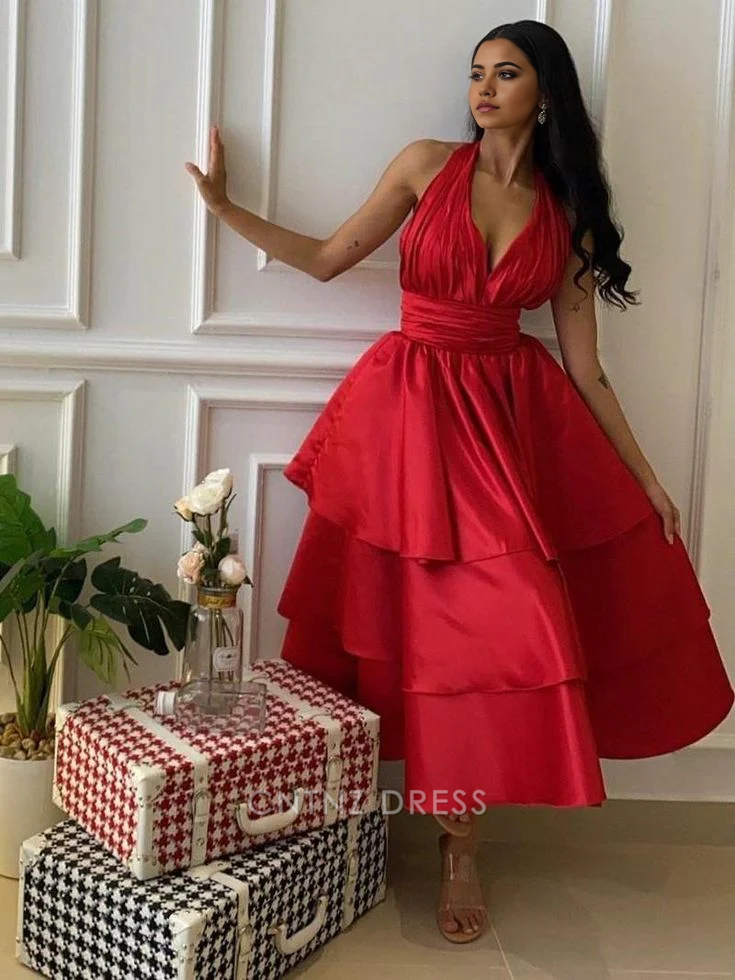 Wholesa A Line Halter V Neck Charming Tiered Satin formal dresses Bridesmaid Dresses evening gown Prom Dress