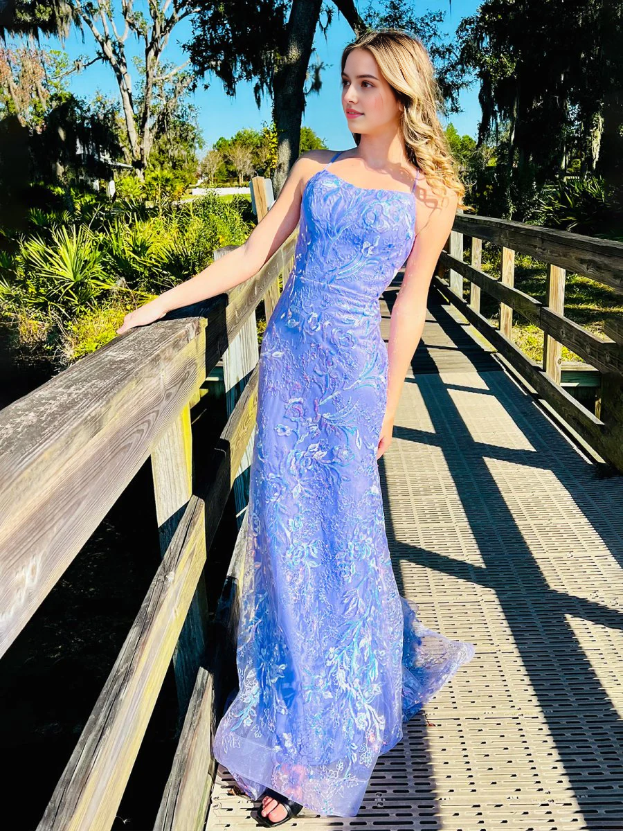 Sparkle Formal Women's Dresses Lilac Lace Sequin Mermaid Spagehtti Straps Sleeveless Backless Bargain Long Prom Dress