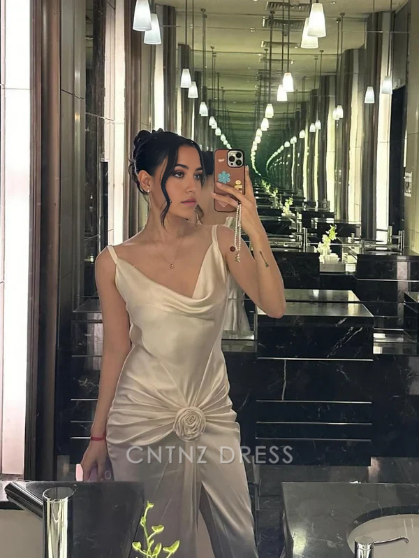 Wholesa Mermaid Elegant Straps White formal dresses Bridesmaid Dresses evening gown Prom Dress With Flowers