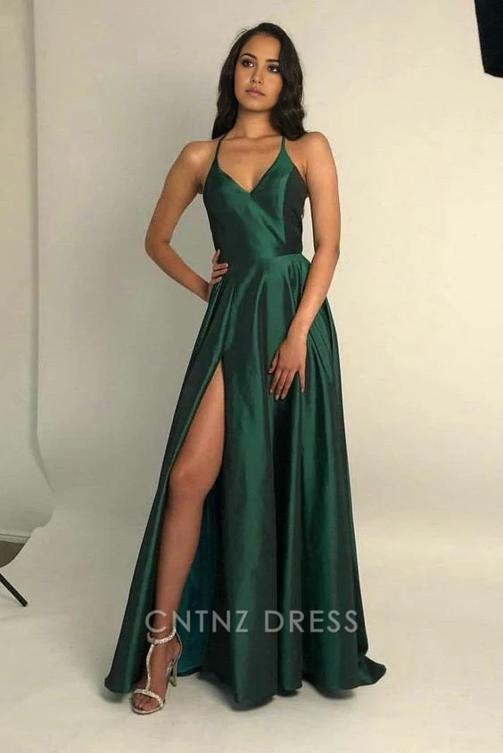 Wholesa A-line Spaghetti Straps Open Back formal dresses Bridesmaid Dresses evening gown Prom Dress with Split