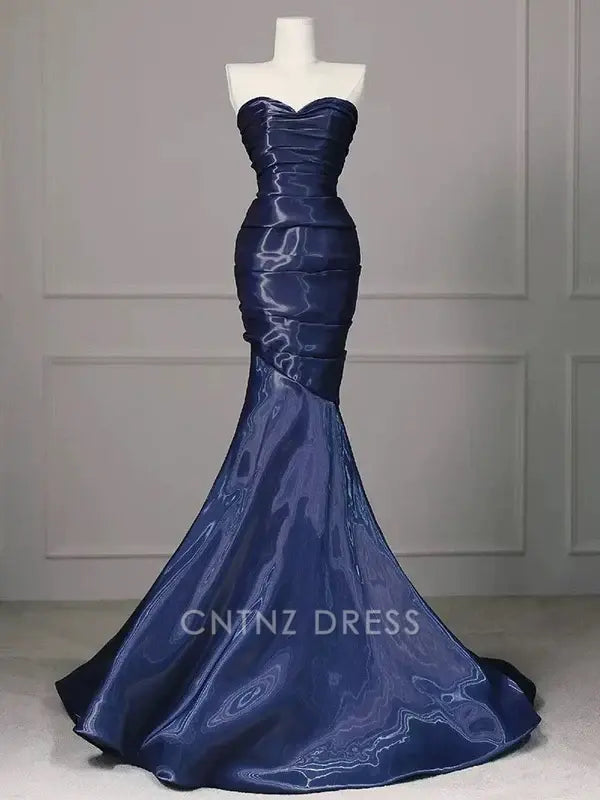Wholesa Mermaid Strapless Pleated Nevy Blue Long formal dresses Bridesmaid Dresses evening gown Prom Dress