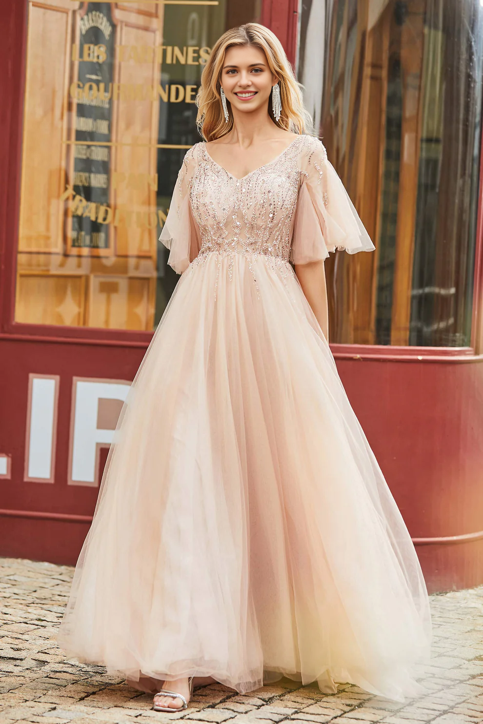 Charming A-Line V Neck Flutter Sleeves Beaded Backless Tulle Long Party Dress Hot Sale Prom Dresses