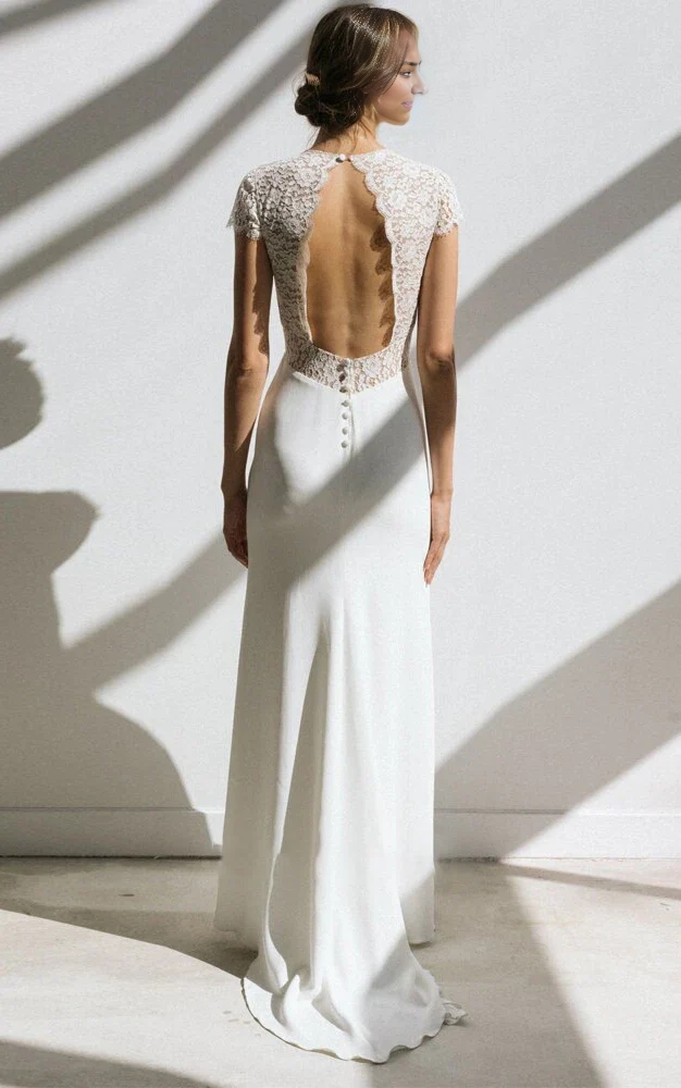 Wholesa Sheath Simple Short Sleeve Empire Floor-Length Sweep Train Chiffon V-neck Wedding Dress
