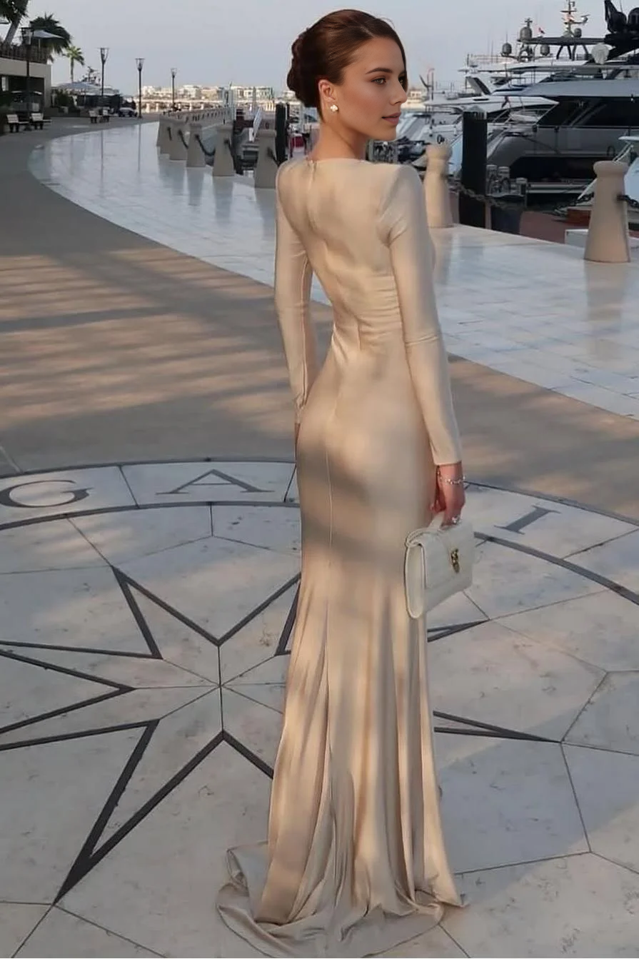 Chic Mermaid Boat Collar Long Sleeves Knot With Pleated Charming Evening Gowns Fashion Long Prom Dress