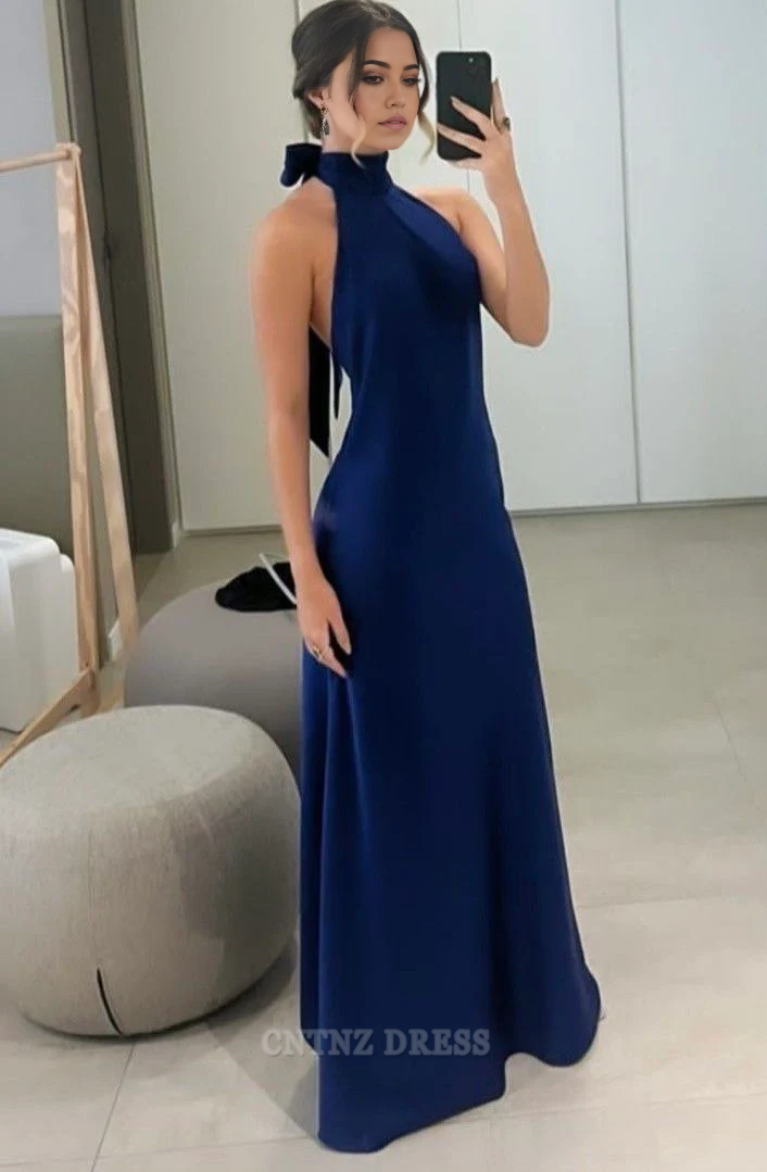 Wholesa A line High Neckline Satin Navy Blue Long formal dresses Bridesmaid Dresses evening gown Prom Dress