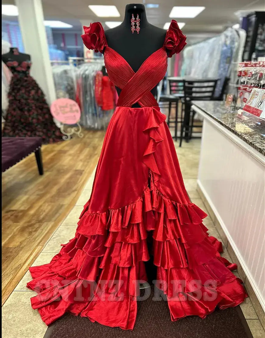 Wholesa A-Line V-Neck Cutout Waist Long Ruffled formal dresses Bridesmaid Dresses evening gown Prom Dress With Split