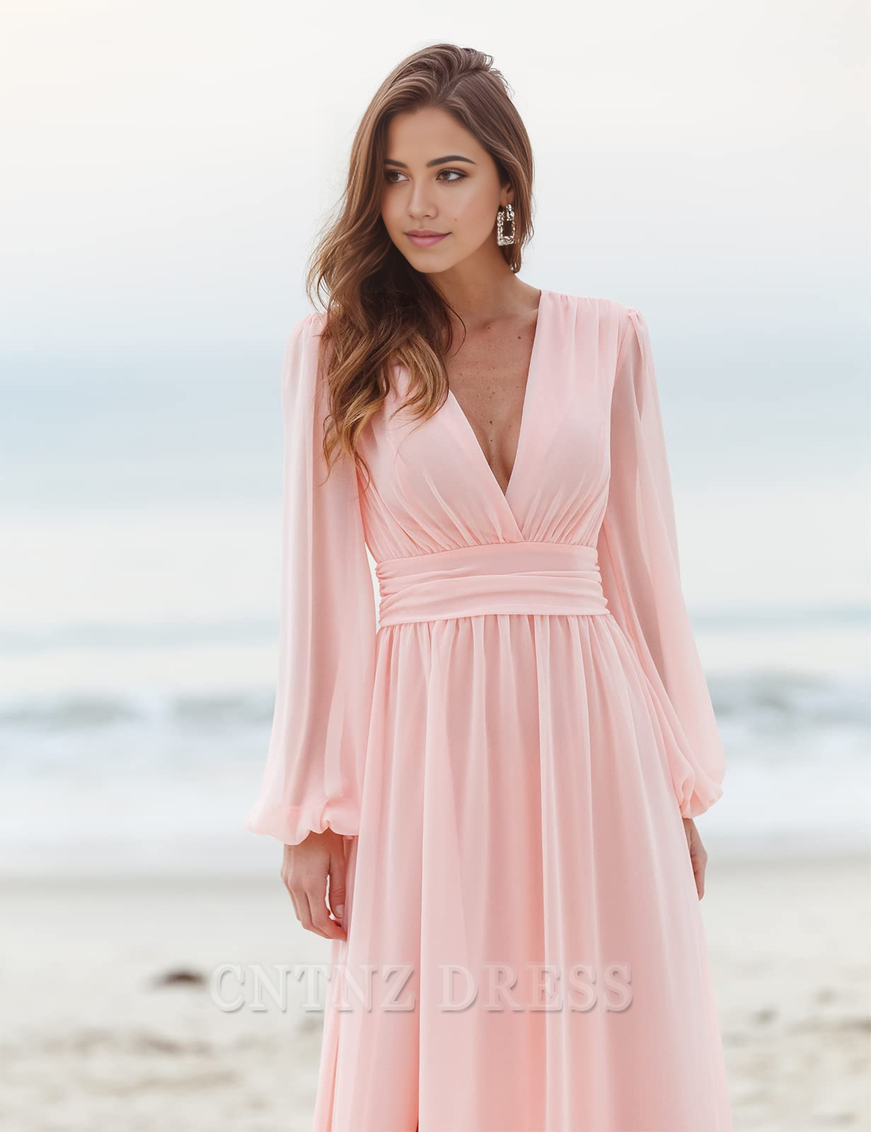 Wholesa A-line V-Neck Long Sleeve Pleated formal dresses Bridesmaid Dresses evening gown Prom Dress With Slit