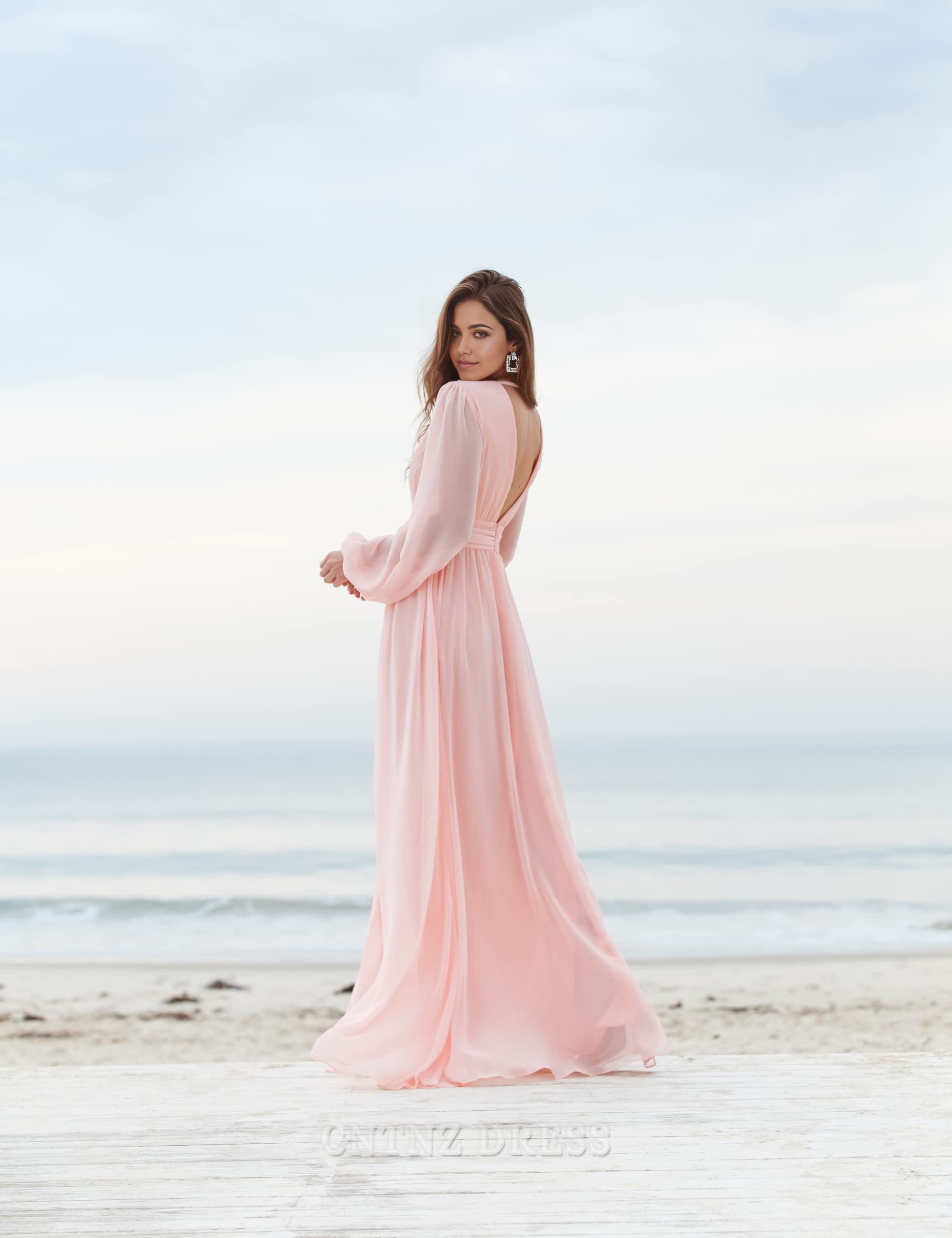 Wholesa A-line V-Neck Long Sleeve Pleated formal dresses Bridesmaid Dresses evening gown Prom Dress With Slit