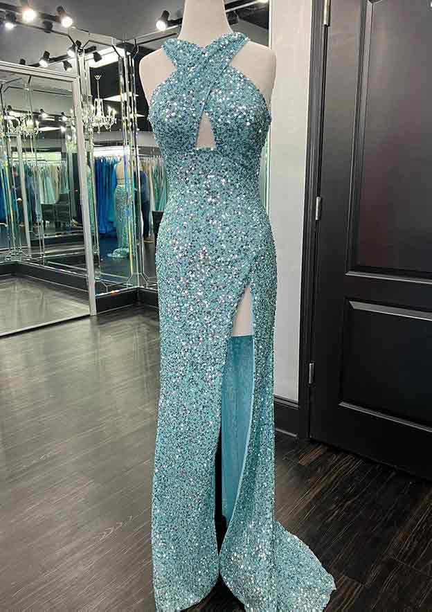Wholesa Sheath Halter Floor-Length Prom Dresses