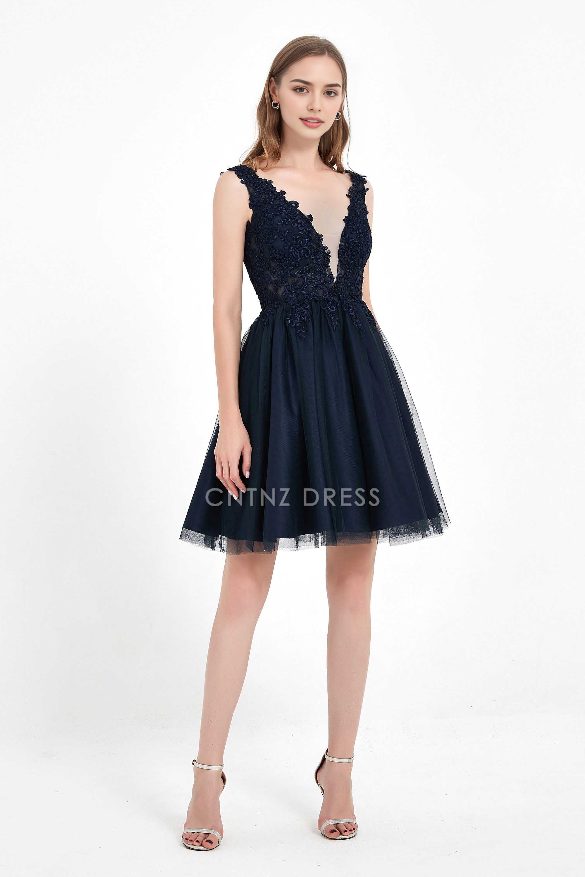 CNTNZ DRESS Exquisite A Line V Neck Sleeveless Backless Lace Applique Tulle Cute Dress Hot Sale Homecoming Dress