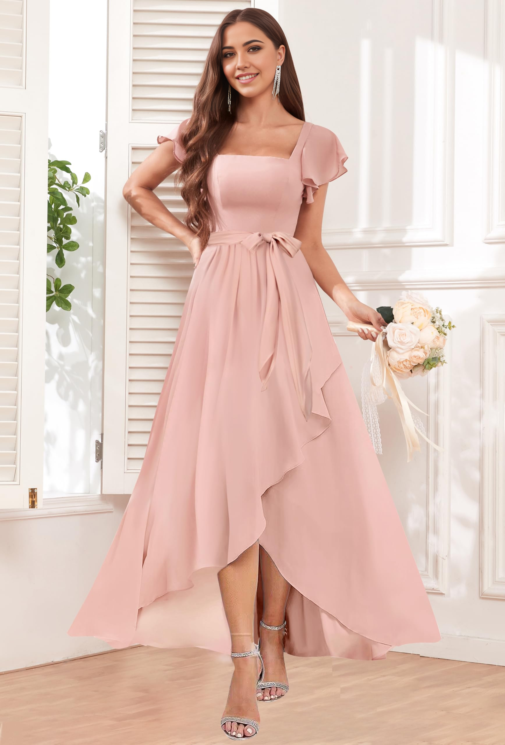 Wholesa A-line Square Neck Chiffon Sleeves Ruffle formal dresses Bridesmaid Dresses evening gown Prom Dress with High Low
