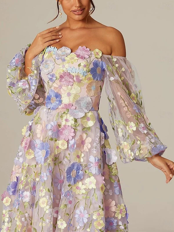 Wholesa A-Line Long Sleeves Square Neck Tea-Length Prom Dresses