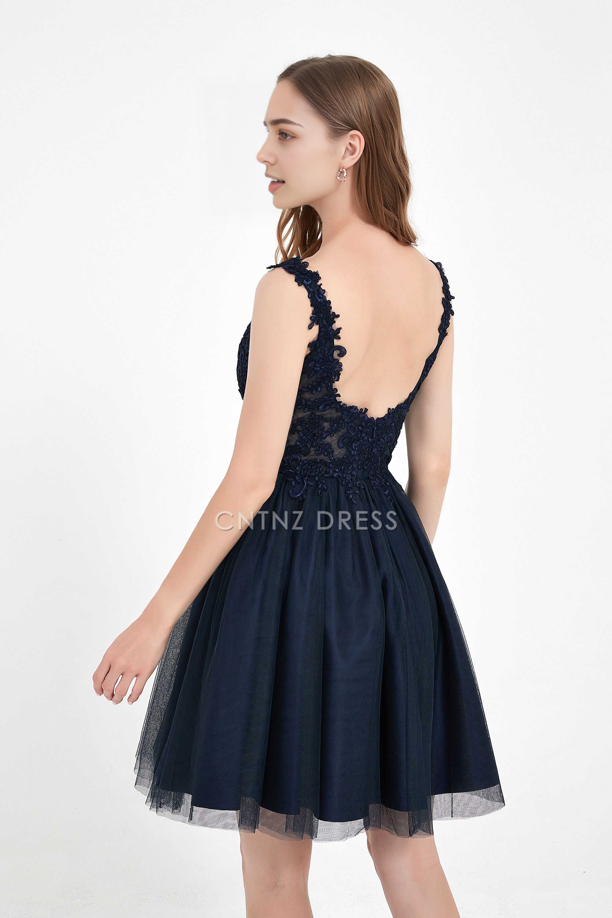 CNTNZ DRESS Exquisite A Line V Neck Sleeveless Backless Lace Applique Tulle Cute Dress Hot Sale Homecoming Dress