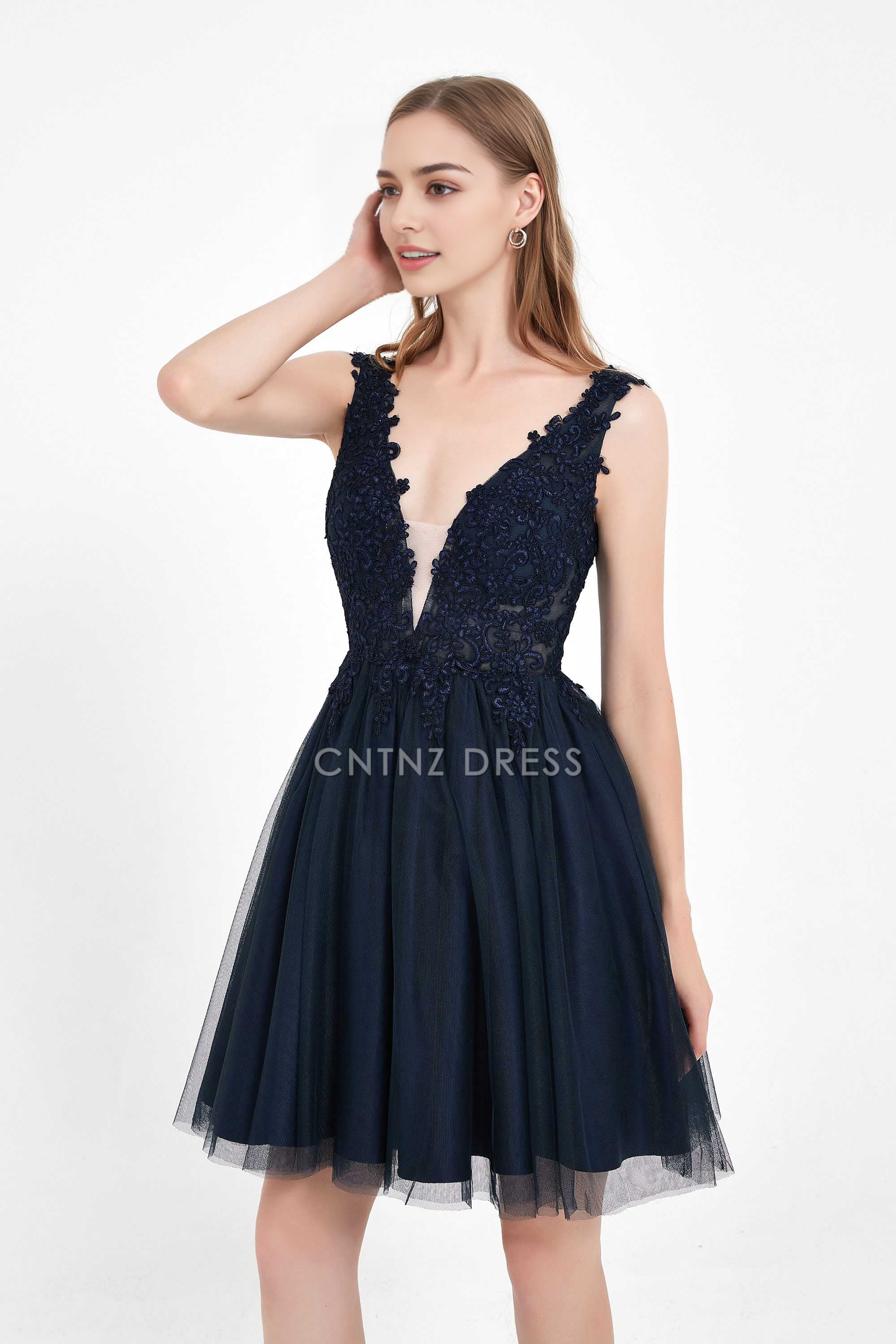 CNTNZ DRESS Exquisite A Line V Neck Sleeveless Backless Lace Applique Tulle Cute Dress Hot Sale Homecoming Dress
